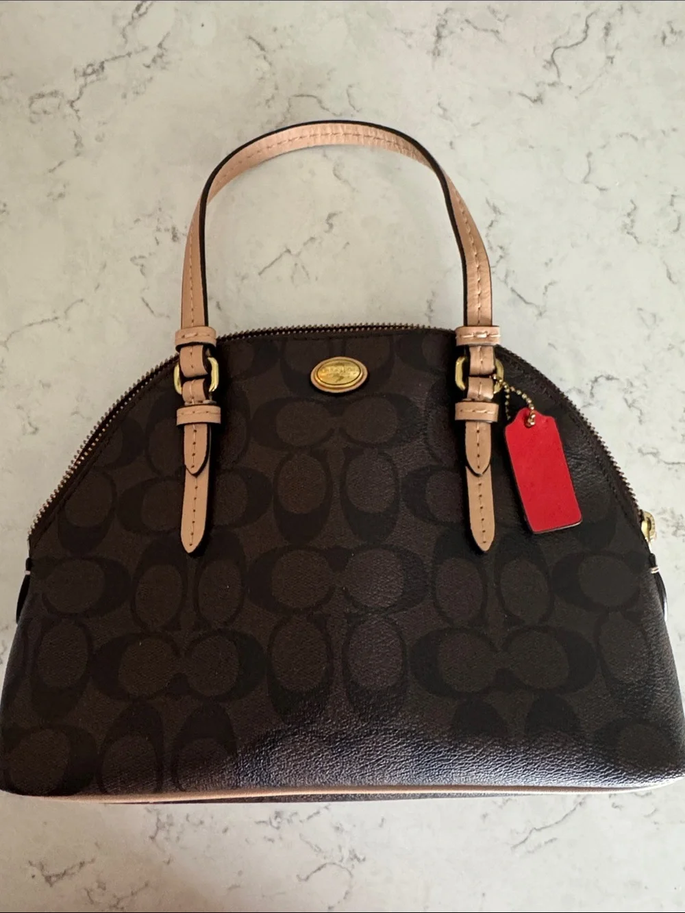 Coach Brown Signature Dome Satchel with Tan Trim and Red Tag - Picture 2 of 9